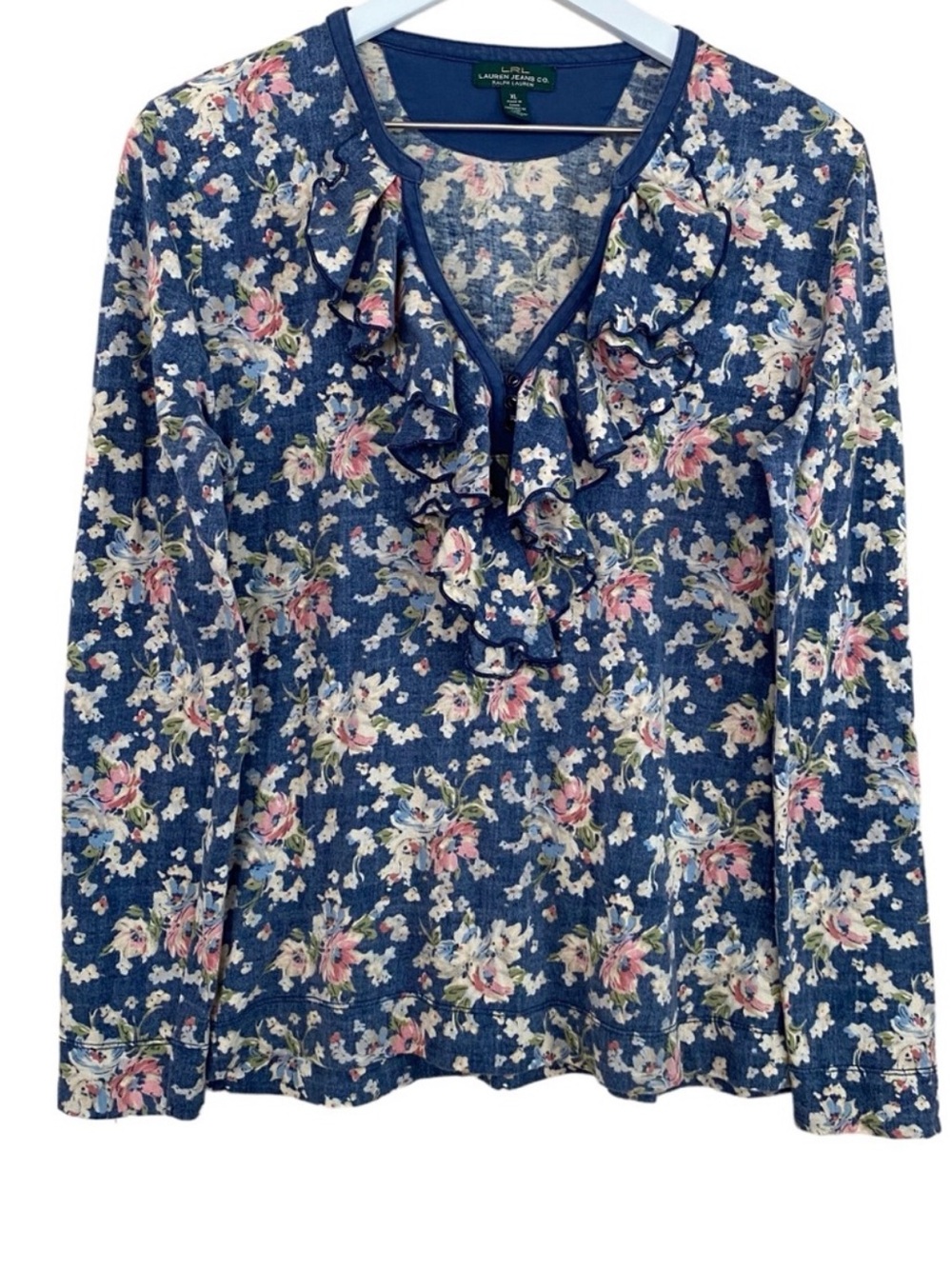 Ralph Lauren Floral Blue & Pink Ruffle Neckline Lightweight Long Sleeve Top